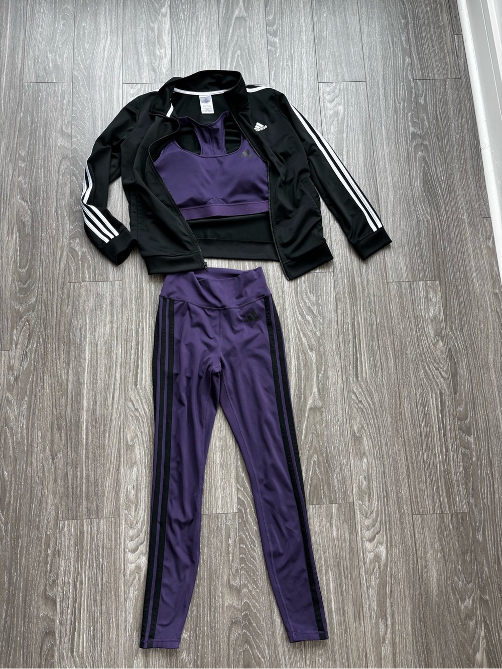 Bundle of 3 adidas Purple Leggings with Black Side Stripes matching bra and a zi